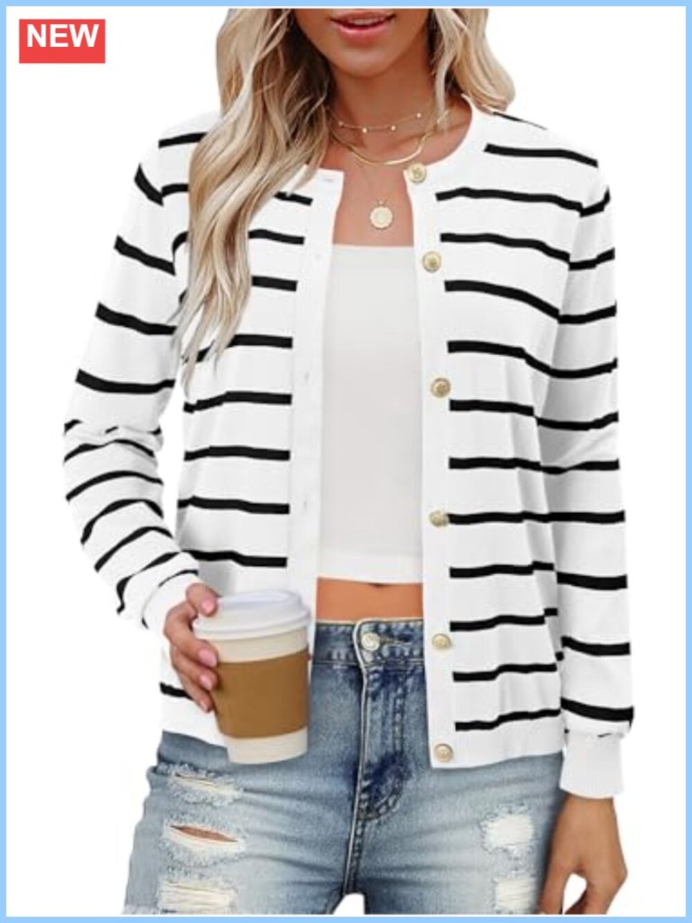 Lightweight V Neck Cardigan Sweater Gold Button Striped